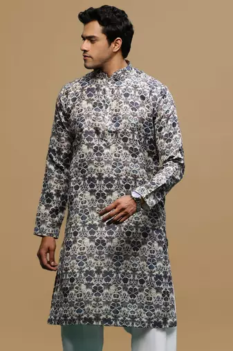 Men's stylish grey trendy printed cotton kurta by sanwara