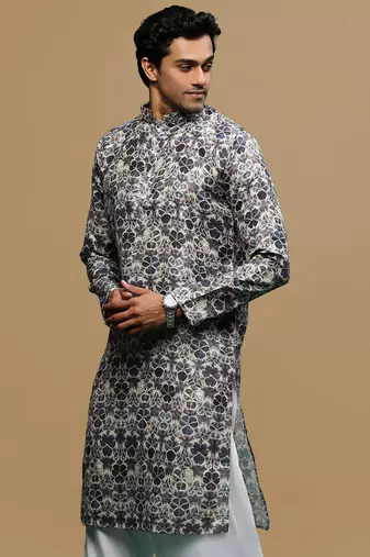 Men's stylish grey trendy printed cotton kurta by sanwara