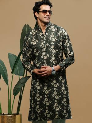 Men's stylish olive trendy printed cotton kurta by sanwara 1