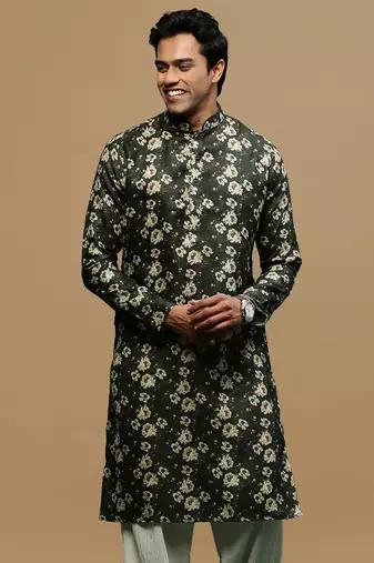 Men's stylish olive trendy printed cotton kurta by sanwara