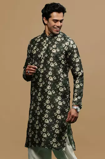 Men's stylish olive trendy printed cotton kurta by sanwara