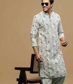 Sanwara men's printed blue & beige chikankari kurta with alluring sequin accents