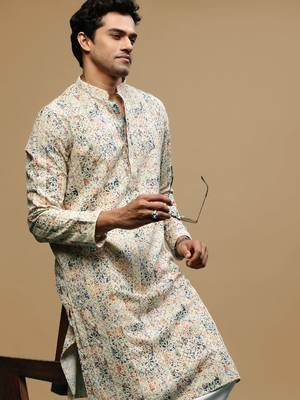 Multicolor Chikankari work Cream Cotton Kurta for Men's  1