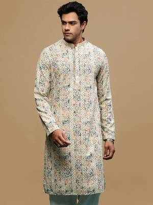 Multicolor Chikankari work Cream Cotton Kurta for Men's  2