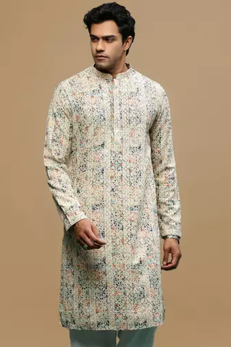 Multicolor Chikankari work Cream Cotton Kurta for Men's 