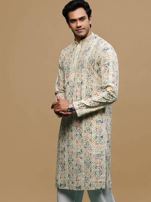 Multicolor Chikankari work Cream Cotton Kurta for Men's  3