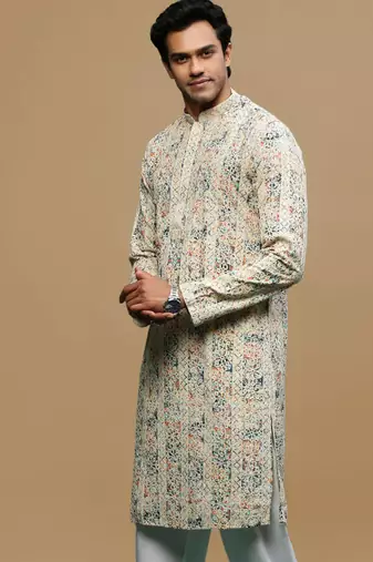 Multicolor Chikankari work Cream Cotton Kurta for Men's 