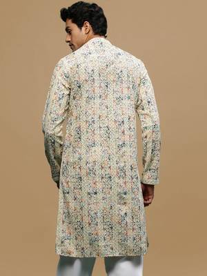 Multicolor Chikankari work Cream Cotton Kurta for Men's  4