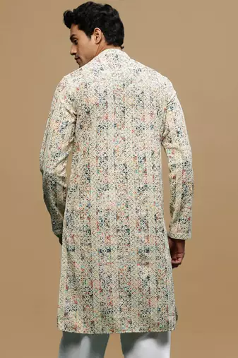 Multicolor Chikankari work Cream Cotton Kurta for Men's 