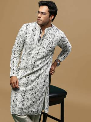 Sanwara men's printed off white & black chikankari kurta with alluring sequin accents. 1