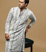 Sanwara men's printed off white & black chikankari kurta with alluring sequin accents.