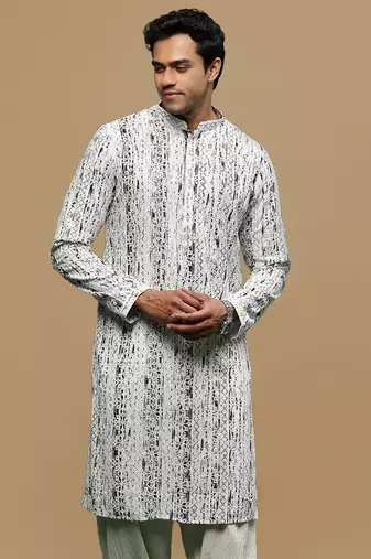 Sanwara men's printed off white & black chikankari kurta with alluring sequin accents.