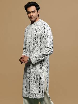 Sanwara men's printed off white & black chikankari kurta with alluring sequin accents. 3