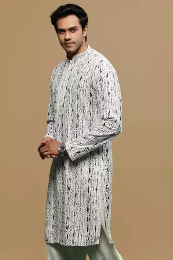 Sanwara men's printed off white & black chikankari kurta with alluring sequin accents.