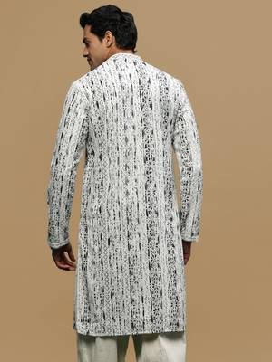 Sanwara men's printed off white & black chikankari kurta with alluring sequin accents. 4