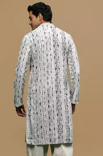 Sanwara men's printed off white & black chikankari kurta with alluring sequin accents.