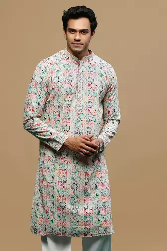 Sanwara Fashions Multicolor Printed Blue Cotton Kurta for Men