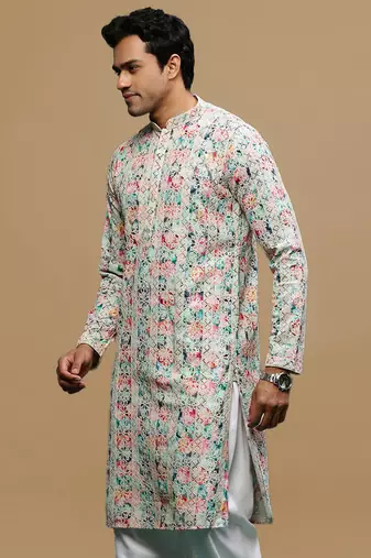 Sanwara Fashions Multicolor Printed Blue Cotton Kurta for Men