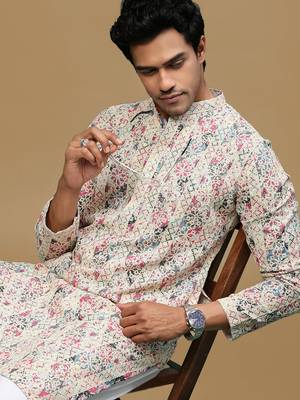 men's printed red & blue chikankari kurta 1