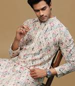 men's printed red & blue chikankari kurta