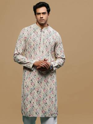men's printed red & blue chikankari kurta 2