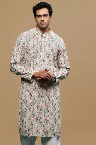 men's printed red & blue chikankari kurta