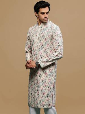 men's printed red & blue chikankari kurta 3