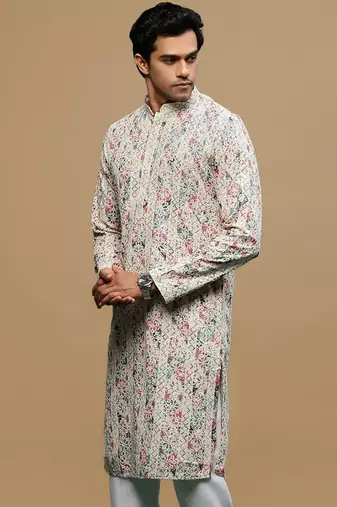 men's printed red & blue chikankari kurta