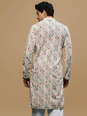 men's printed red & blue chikankari kurta 4