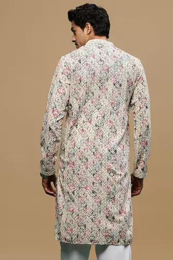 men's printed red & blue chikankari kurta