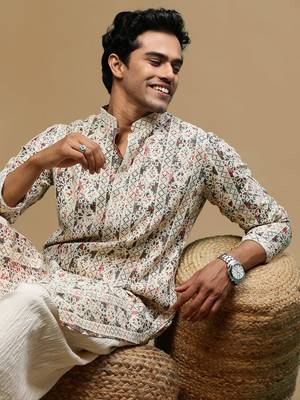 Sanwara men's printed red & grey chikankari kurta with alluring sequin accents. 1