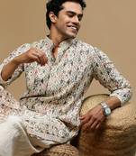 Sanwara men's printed red & grey chikankari kurta with alluring sequin accents.