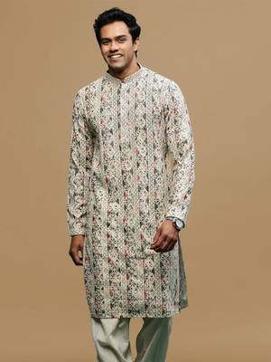 Sanwara men's printed red & grey chikankari kurta with alluring sequin accents. 2