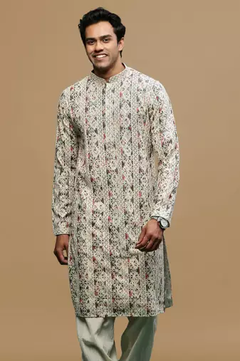 Sanwara men's printed red & grey chikankari kurta with alluring sequin accents.