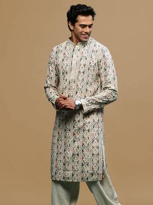 Sanwara men's printed red & grey chikankari kurta with alluring sequin accents. 3
