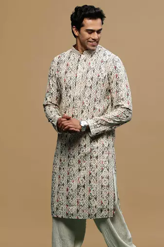 Sanwara men's printed red & grey chikankari kurta with alluring sequin accents.