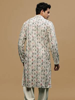 Sanwara men's printed red & grey chikankari kurta with alluring sequin accents. 4