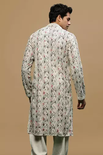 Sanwara men's printed red & grey chikankari kurta with alluring sequin accents.