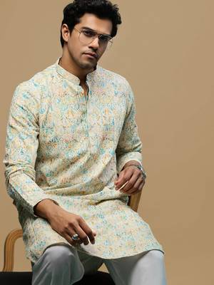 Sanwara men's printed yellow & sky blue chikankari kurta with alluring sequin accents. 1