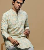Sanwara men's printed yellow & sky blue chikankari kurta with alluring sequin accents.