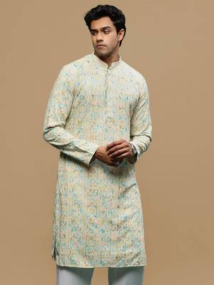 Sanwara men's printed yellow & sky blue chikankari kurta with alluring sequin accents. 2