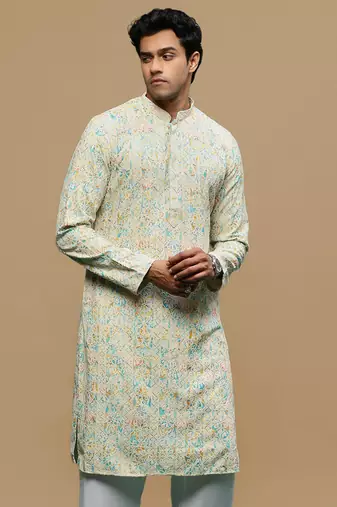 Sanwara men's printed yellow & sky blue chikankari kurta with alluring sequin accents.