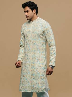 Sanwara men's printed yellow & sky blue chikankari kurta with alluring sequin accents. 3