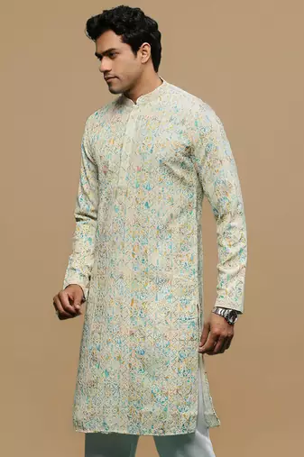 Sanwara men's printed yellow & sky blue chikankari kurta with alluring sequin accents.