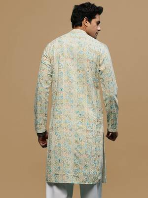 Sanwara men's printed yellow & sky blue chikankari kurta with alluring sequin accents. 4