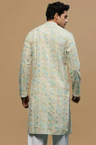 Sanwara men's printed yellow & sky blue chikankari kurta with alluring sequin accents.