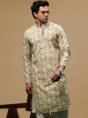 Sanwara men's printed brown chikankari kurta with alluring sequin accents. 1