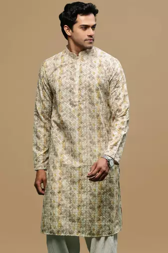 Sanwara men's printed brown chikankari kurta with alluring sequin accents.