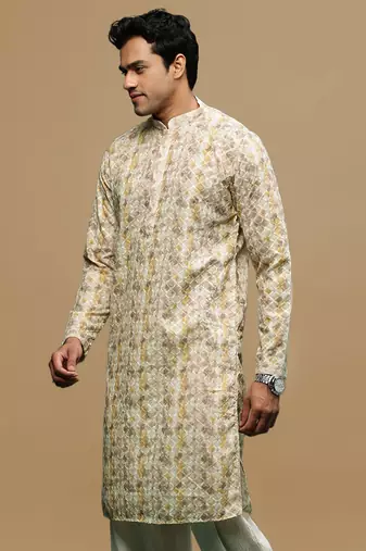 Sanwara men's printed brown chikankari kurta with alluring sequin accents.