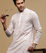 Sanwara men's printed light pink chikankari kurta with alluring sequin accents.